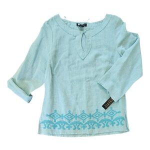 Carole Little Teal Linen Tunic Top Size Medium Teal Embroidered Bohemian NEW